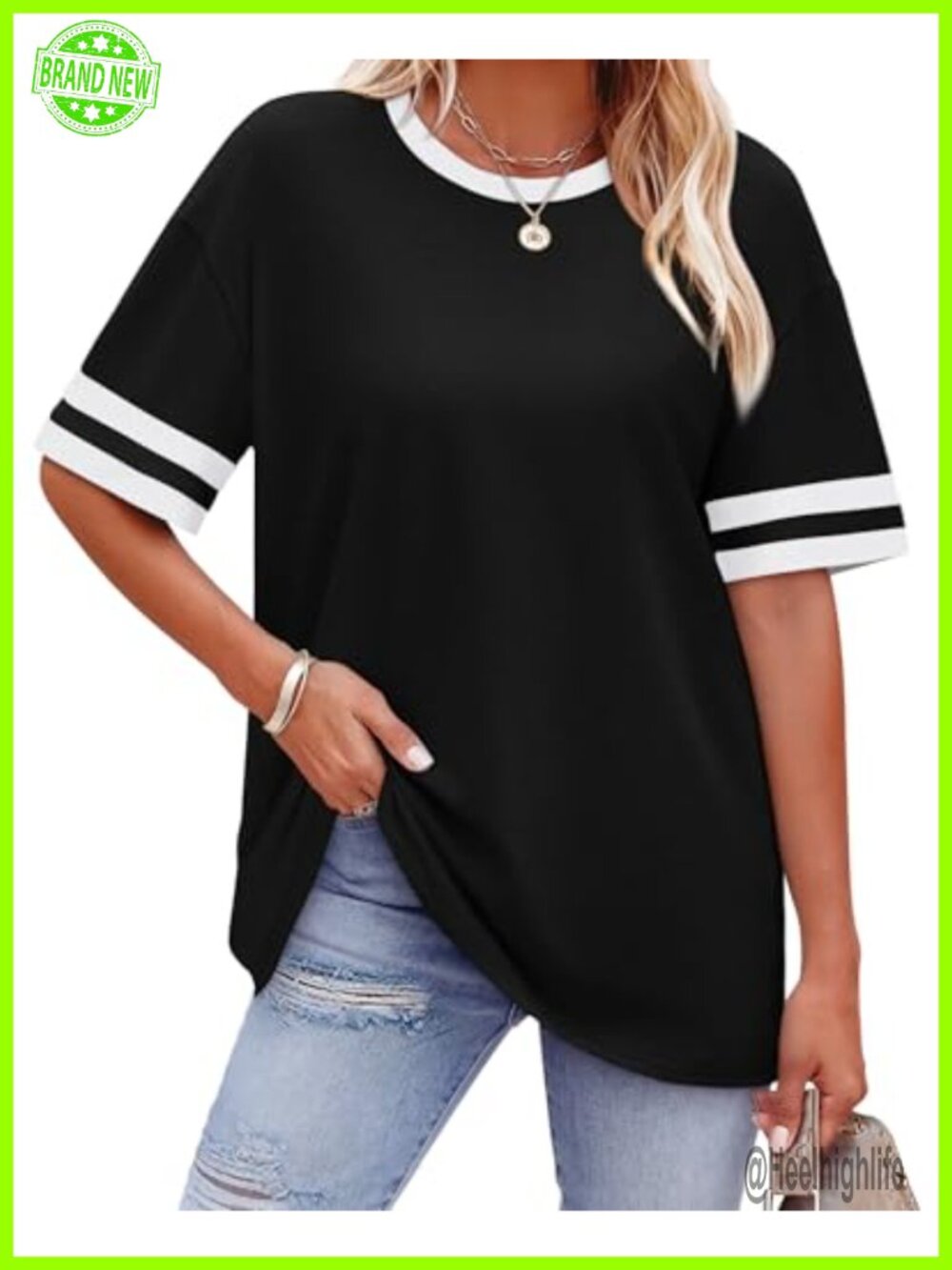 Womens Loose Fit Short Sleeve Crew Neck Color Block Summer Tee